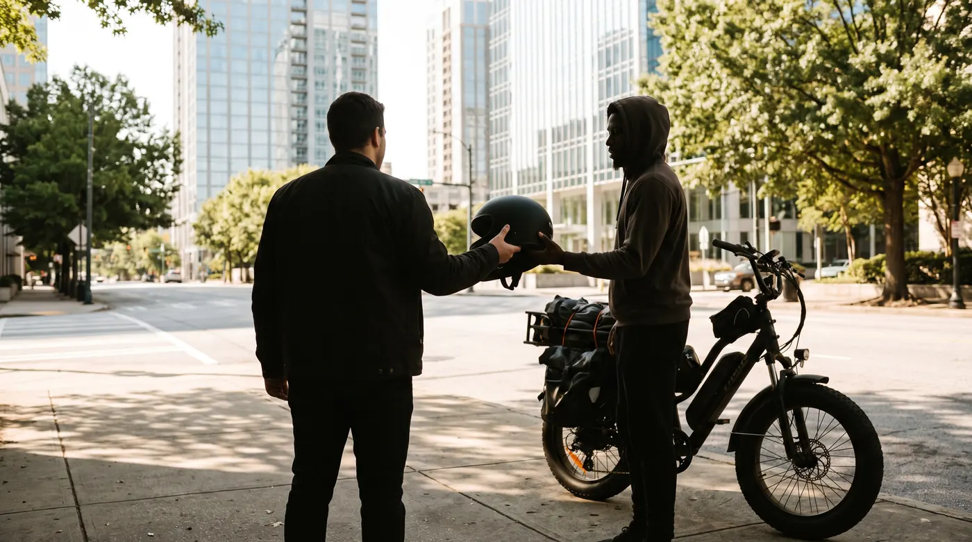 Handing a helmet to a new rider at pickup in Midtown