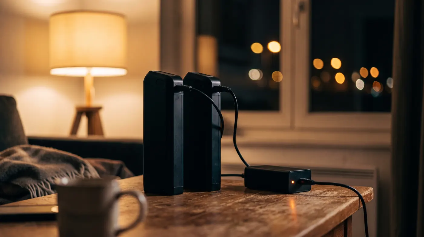 Two e-bike batteries charging indoors