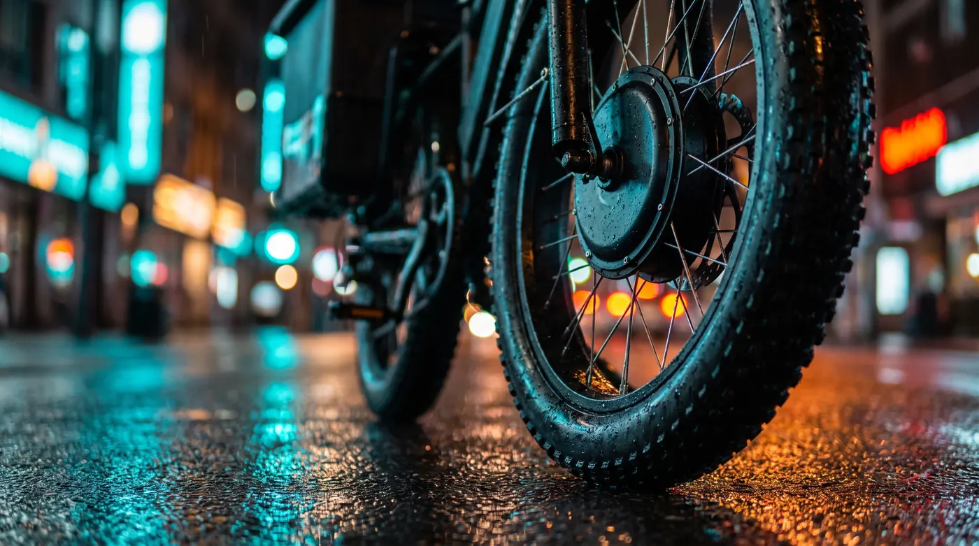 Fat tire on wet asphalt at night